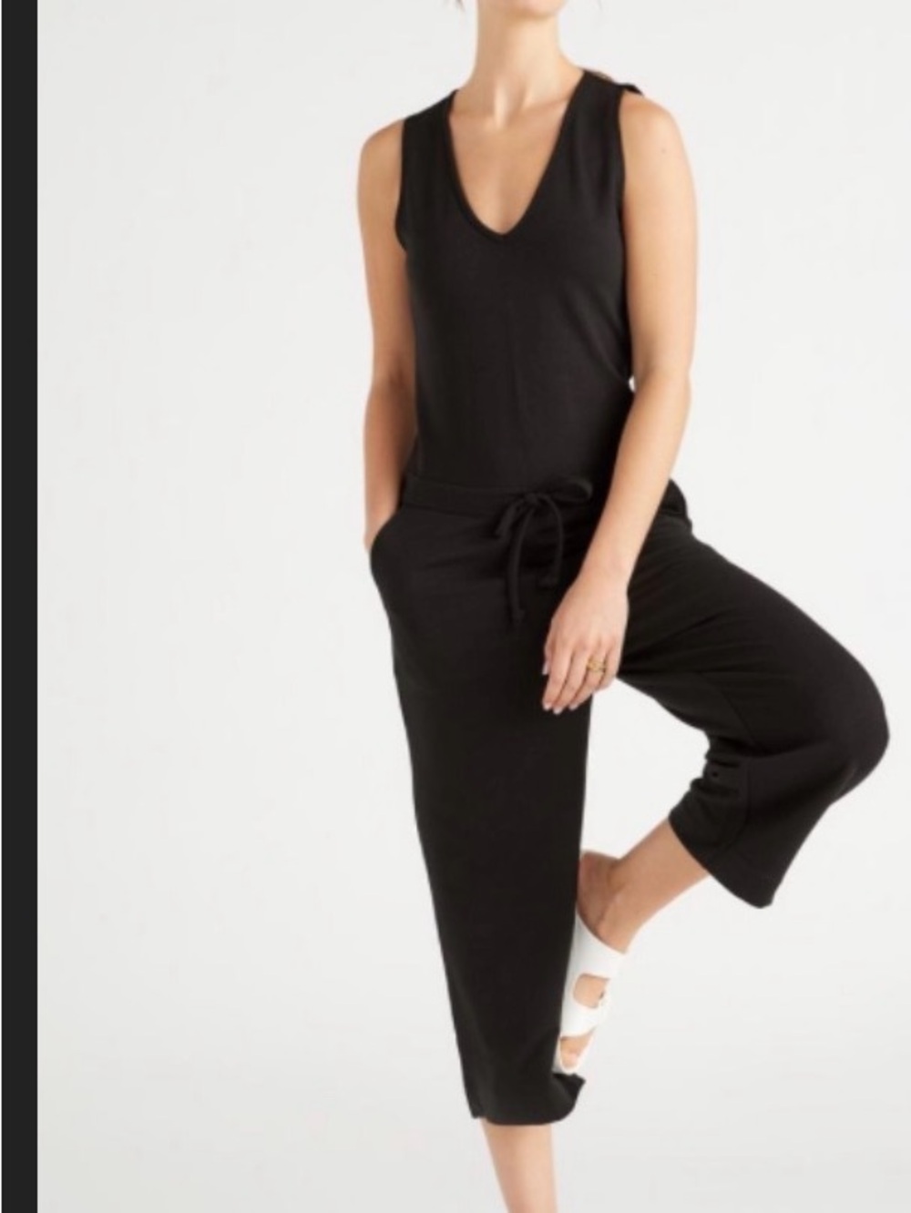 Quince French Terry Modal Black Sleeveless V-Neck Jumpsuit sz Large